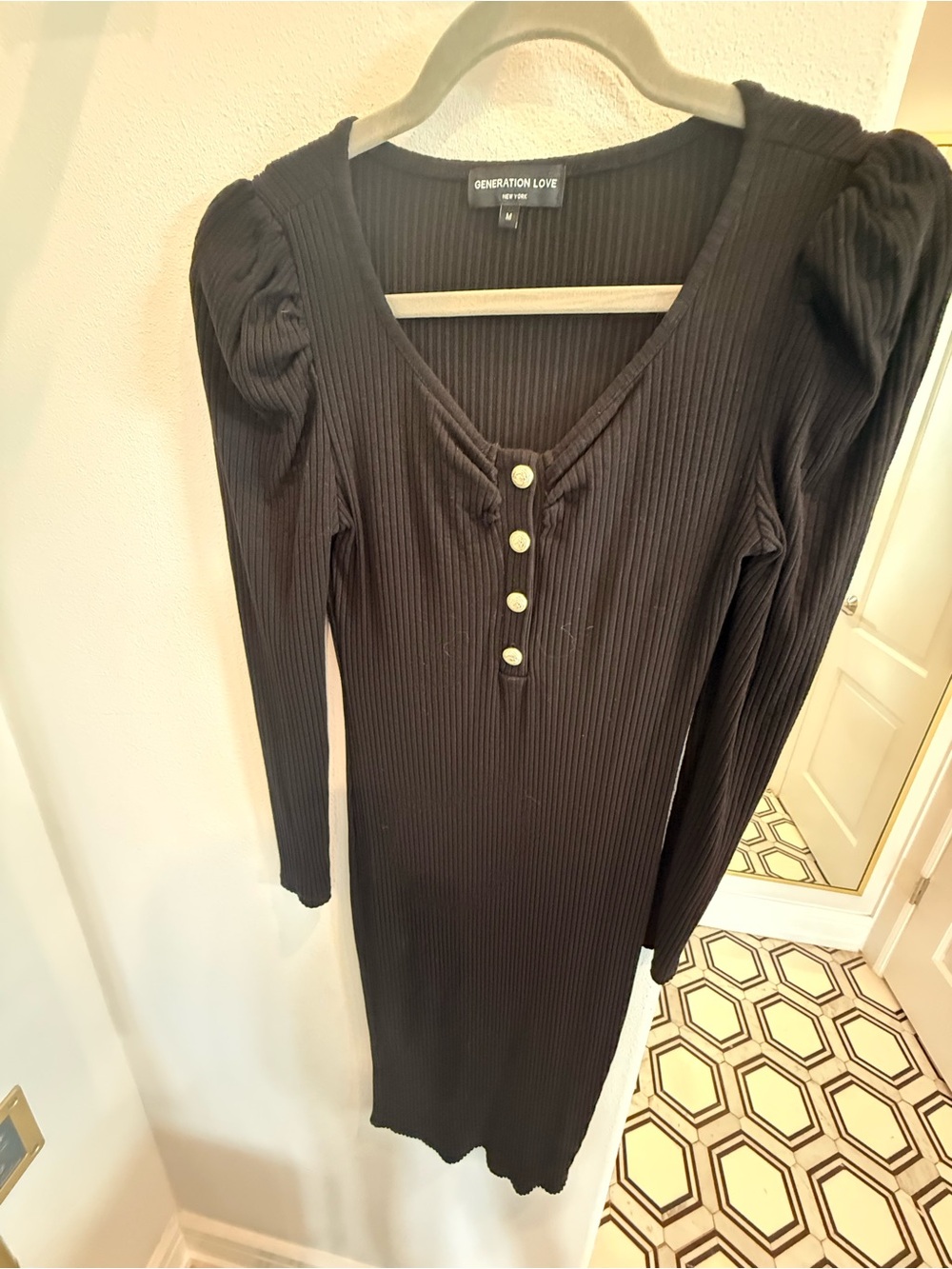 Generation Love Black Ribbed V-Neck Long Sleeve Dress with Buttons